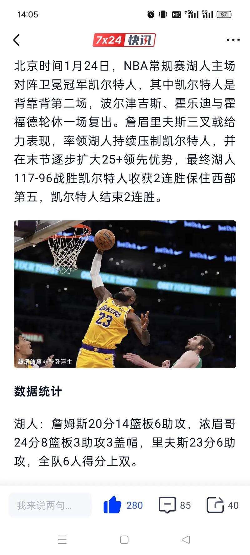 詹姆斯20+14+6浓眉24+8 湖人大胜绿军升至西部第五 詹姆斯20+14+6浓眉24+8 湖人大胜绿军升至西部第五
